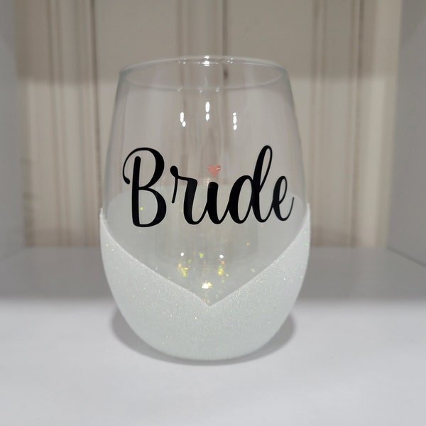 Bride Wine Glass- Mrs. Wine Glass- Stemless Glitter Wine Glass- Bride Gift- Engagement Gift- Wedding- Ring- Gift for Her- Bridal Shower