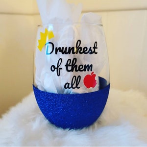 Drunkest of Them All Wine Glass- Disney Glitter Wine Glass- Stemless Glitter Wine Glass- Snow White Inspired-disney