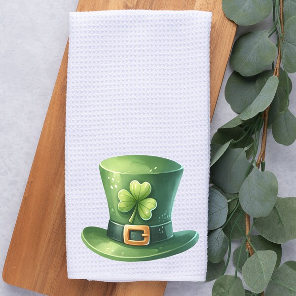 St. Patrick's Day Kitchen Towel- Irish- Leprechaun Hat- Microfiber Waffle Towel- Dish Towel- Tea Towel- Kitchen Decor- Shamrock- Home Decor-