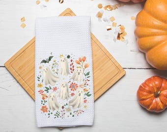Floral Ghost Towel- Fall Kitchen Towel- Tea Towel- Dish Towel- Fall Kitchen Decor- Fall Decor- Cute Ghost- Halloween- Waffle Towel- Pumpkins