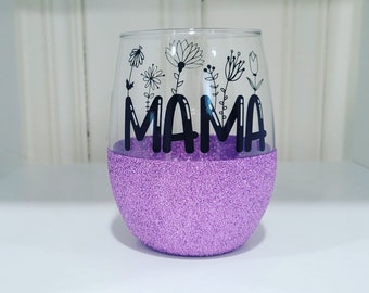 MAMA Wildflower Wine Glass- Stemless Glitter Wine Glass- Mothers Day- Wine Gift- Gift for Her- Mom Wine Glass- Mom Gift- Glitter Dipped- sun