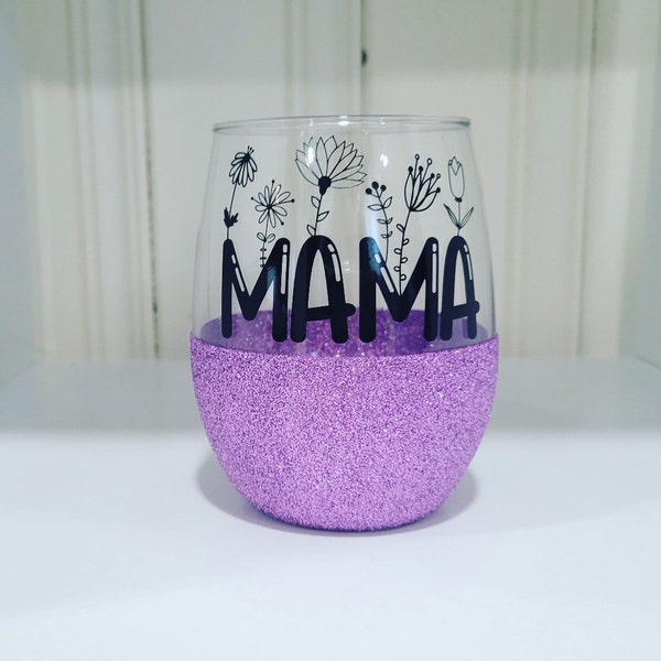 MAMA Wildflower Wine Glass- Stemless Glitter Wine Glass- Mothers Day- Wine Gift- Gift for Her- Mom Wine Glass- Mom Gift- Glitter Dipped- sun