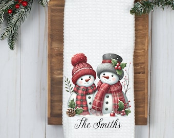 Schneemann Personalisierte Weihnachten Küchen Handtuch - Geschirrtuch - Geschirrtuch - Weihnachten Küche Dekor-Weihnachten Decor-Home Decor-Waffel-Familien Name