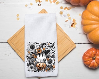 Floral Ghost Towel- Fall Kitchen Towel- Tea Towel- Dish Towel- Fall Kitchen Decor- Fall Decor- Cute Ghost- Halloween- Waffle Towel- Pumpkins