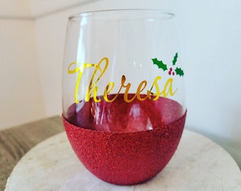 Personalized Christmas Wine Glass- Christmas Wine Glass- Glitter Dipped Wine Glass-Wine Tumbler-Christmas Gift-Wine-Name- Mistletoe-Monogram