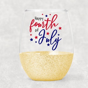 Happy 4th July Wine Glass- 4th Of July- Stemless Glitter Wine Glass- Patriotic- Wine- Sunflower- America- July 4th Party- Red white blue