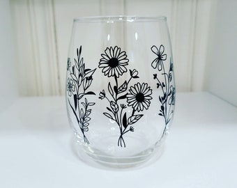 Wildflower Bouquet Wine Glass- Stemless Wine Glass- Gift for Her- flowers- Wine- Wine Gift- wildflower- sunflower- rose- floral wine glass