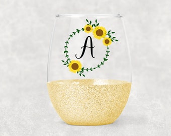 Sunflower Wreath Wine Glass- Initial Wine Glass- Letter Wine Glass- Sunflower- Flower Wreath- Initials- Stemless Glitter Wine Glass-Monogram