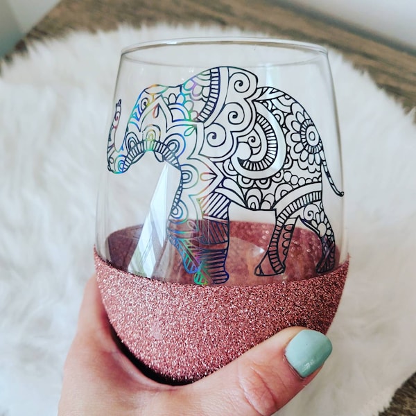 Elephant Wine Glass- Mandala Elephant- Stemless Glitter Wine Glass- Wine Glass- Wine Tumbler- Animal Wine Glass- Mandala Art-Wine Gift-