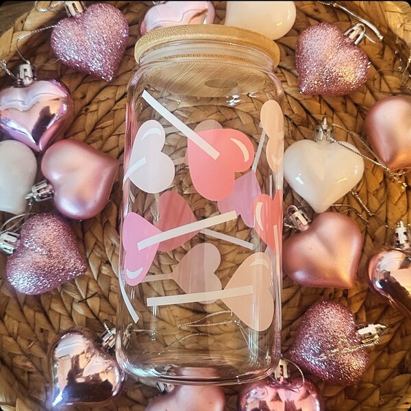 Pink Heart Lollipop Glass Can- Coffee Glass- Iced Coffee Glass- Holiday Glass- Valentines Glass Can- Libbey- Heart Glass- Pink Valentines