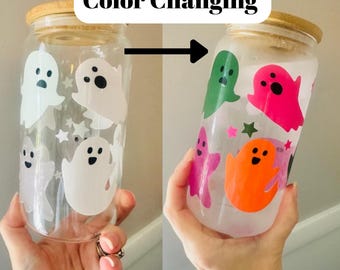 Color Changing Ghost Glass Can- Halloween- Iced Coffee Glass- Glass Can- Glass Cup-Beer Can Glass-Libbey- Fall Glass Can- Colorful Ghost