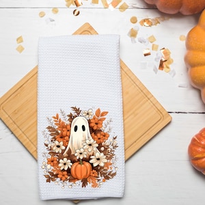 Floral Ghost Towel- Fall Kitchen Towel- Tea Towel- Dish Towel- Fall Kitchen Decor- Fall Decor- Cute Ghost- Halloween- Waffle Towel- Pumpkins