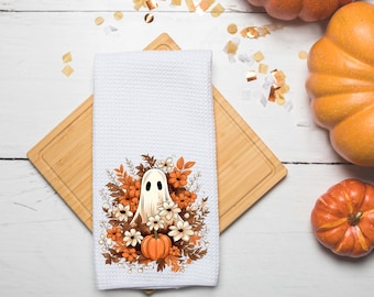 Floral Ghost Towel- Fall Kitchen Towel- Tea Towel- Dish Towel- Fall Kitchen Decor- Fall Decor- Cute Ghost- Halloween- Waffle Towel- Pumpkins
