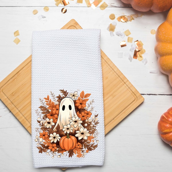 Floral Ghost Towel- Fall Kitchen Towel- Tea Towel- Dish Towel- Fall Kitchen Decor- Fall Decor- Cute Ghost- Halloween- Waffle Towel- Pumpkins