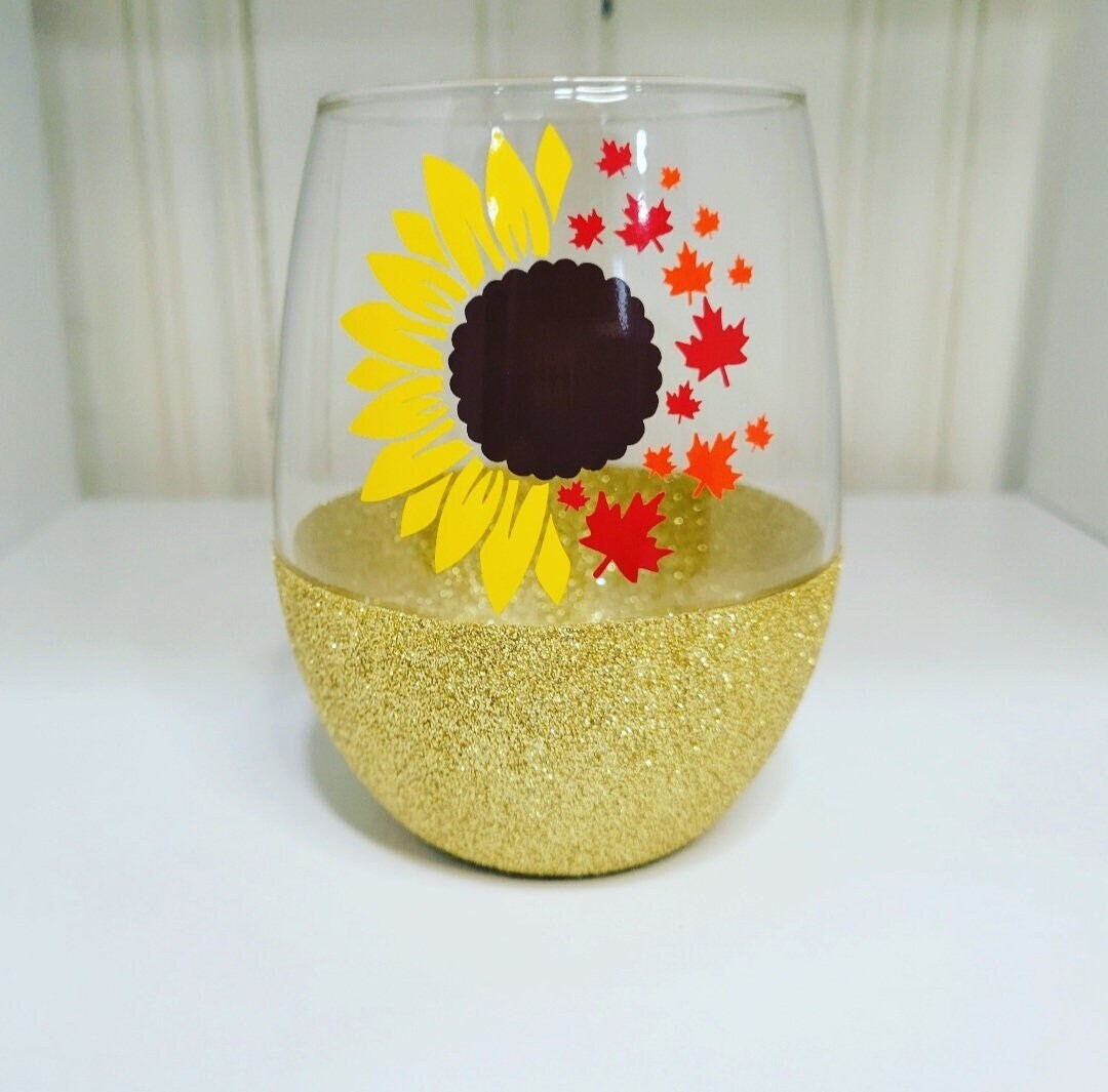 Sunflower Leaves Wine Glass Stemless Glitter Wine Glass Gift for Her