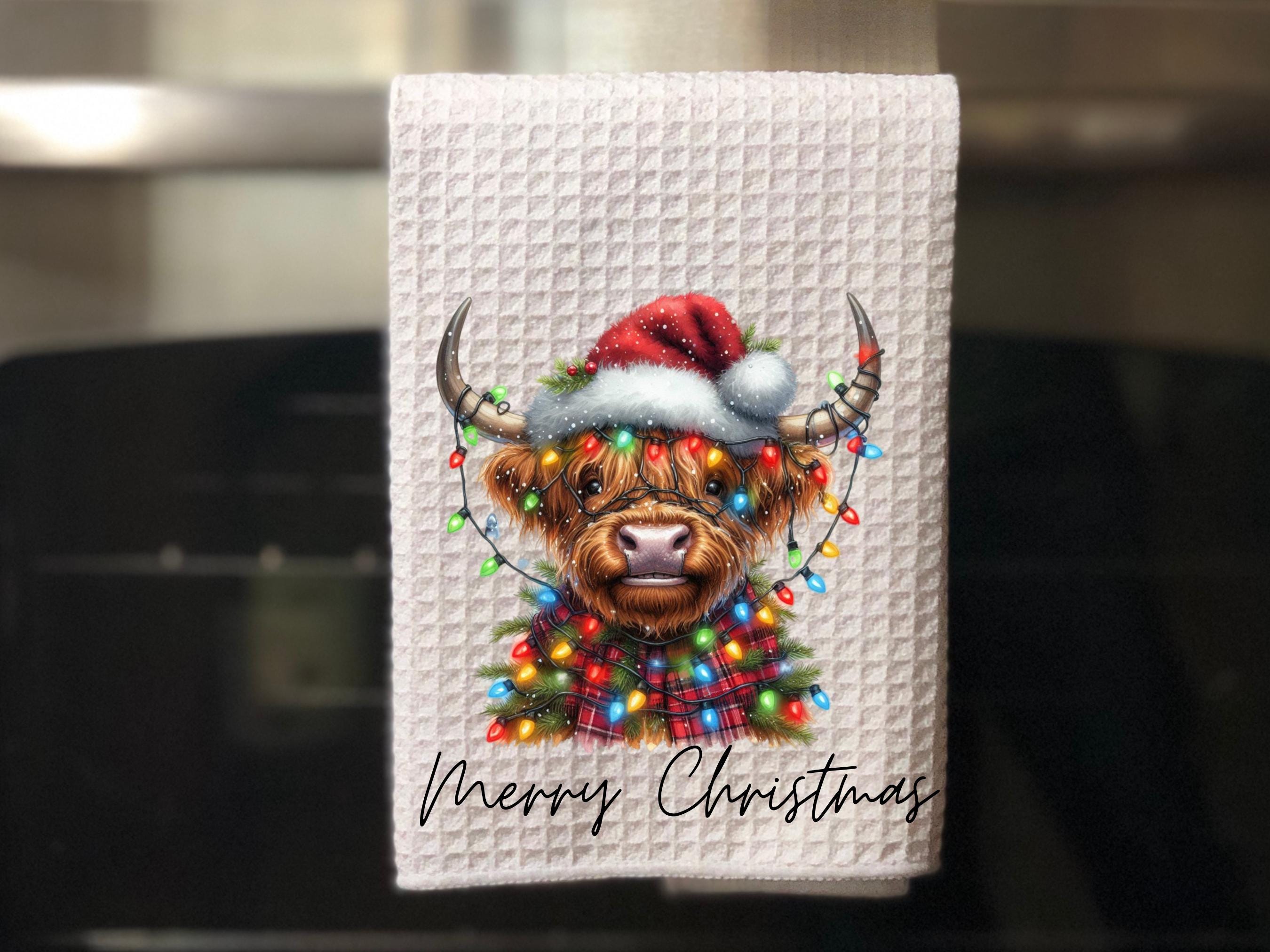 Christmas Lights Highland Cow Towel- Christmas Kitchen Towel- Tea Towel- Dish Towel- Christmas Kitchen Decor- Christmas Decor- Home Decor