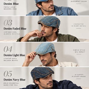 May include: A collection of six denim ivy caps in black, blue, faded blue, light blue, and navy blue. Each cap features stitched paneling and a short brim. The image displays the caps in various shades, labeled 01 through 06 with descriptive text.