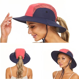 Sun Hat for Women UV Protection Bucket Fishing Hat with Ponytail-Hole,  Foldable Outdoor Sun Hats Mesh Wide Brim Beach Hat