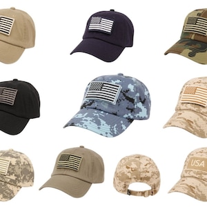 USA Flag Military Cotton Baseball Cap – Unisex with Detachable Patch. Optional Personalization available.