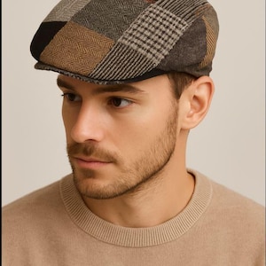 Men's Multi-Color Plaid Wool Blend Ivy Cap – Classic Fitted Flat Cap. Optional Personalization available.