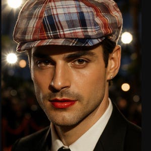 May include: A plaid flat cap featuring a pattern of red, white, and blue intersecting lines. The cap has a rounded crown and a short, stiff brim extending from the front, constructed from a woven fabric with a visible grid-like texture.