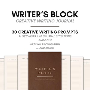 May include: A brown leather-bound journal with the title "Writer's Block: Creative Writing Journal" and the text "30 Creative Writing Prompts" in white lettering. The journal has lined pages for writing.
