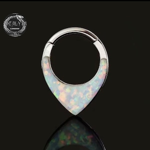 Teardrop Triangular white Opal stone clicker Septum, hoop, earring -Titanium G23 , silver color 16G
