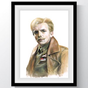 May include: A framed portrait of a man with blonde hair and a mustache, wearing a brown coat over a green military uniform. The artwork has a painted style with visible brushstrokes, and the frame is black.