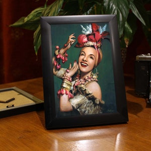 Carmen Miranda oil painting/print. Framed (6x4) Portrait. Portuguese-Brazilian singer dancer actress fruit hat icon classic performer