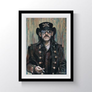 May include: Framed portrait of a man in a black hat with a skull emblem, sunglasses, and a dark coat with gold buttons. The artwork has a vintage aesthetic, with a colorful, textured background. The man is holding a cigarette.