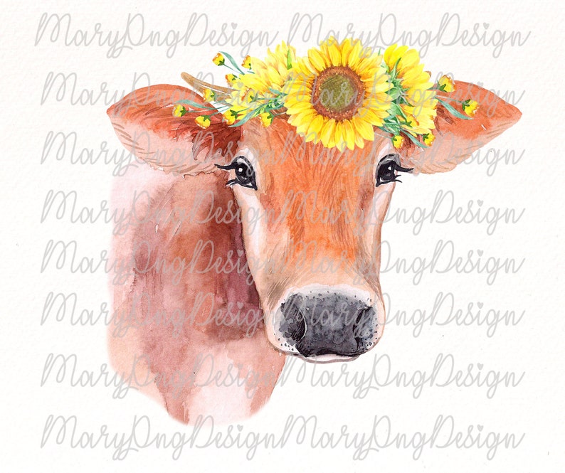 Download Cow with sunflowers png sublimation design watercolor ...