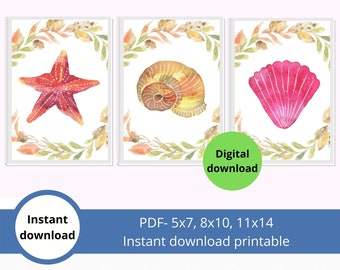 seashell printable wall art, childrens wall art set printable, nursery wall decor seashells, seashell print set, seashell printable wall art