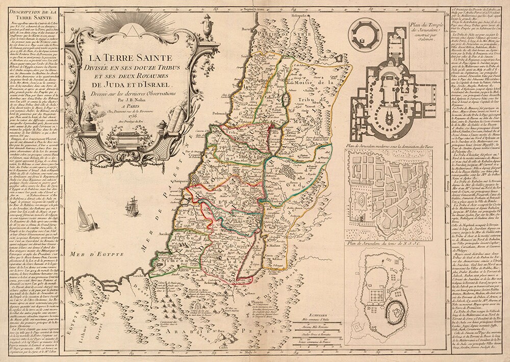 ISRAEL PALESTINE Old Map - Nolin 1756 - Temple of Jerusalem