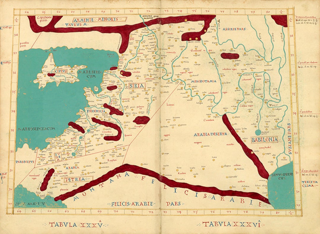 PTOLEMY Middle East Map - 1470 Antique Manuscript - Jordan Syria Cyprus ...