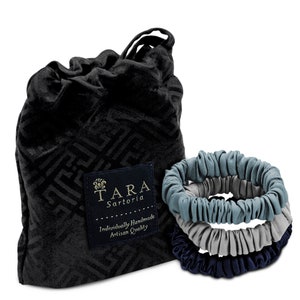 Handmade Mulberry Silk Skinny Scrunchies For Hair With Silk Pouch For Storage And Gifting, 3 Pieces (Light Blue, Navy Blue, Silver Grey)