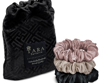 Artisan Mulberry Silk Scrunchies, Gentle Hair Ties, Gift Pouch Included (Pink, Beige, Black)