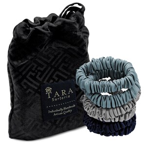 Handmade Mulberry Silk Skinny Scrunchies For Hair With Silk Pouch For Storage And Gifting, 6 Pieces (Light Blue, Navy Blue, Silver Grey)
