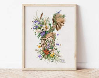 Floral Skeleton Wall Art, halloween art, skeleton art, original skeleton drawing, skeleton wall art, skeleton flower art, Digital Download