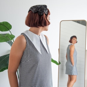 Twiggy Mod Dress – 1960s Inspired Houndstooth Mini Dress with Collar & Pockets | Retro A-Line Dress | Vintage Style Clothing