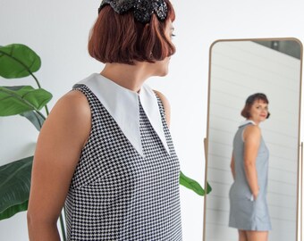 Sukienka Twiggy Mod – inspirowana latami 60. mini sukienka w pepitkę z kołnierzykiem i kieszeniami | Sukienka w stylu retro w kształcie litery A | Ubrania w stylu vintage