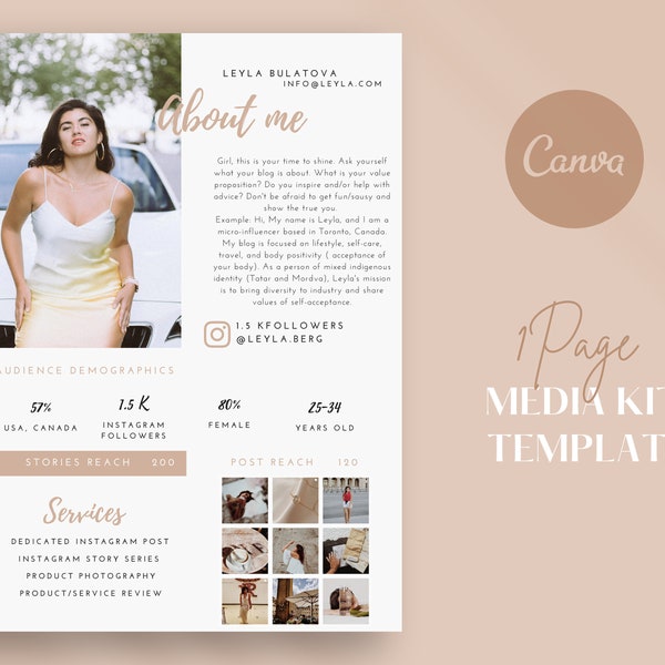 1 Page Media Kit Template | Canva Template | Instagram Media Kit | Blogger Template | Influencer Media Kit | Media Press Kit