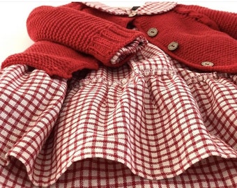 handmade red cotton jacket and red and white checked dress