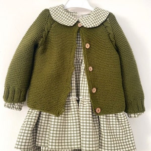 green and white checked dress with cotton jacket, children's dress, dress with collar, hand-knitted cotton jacket, handmadeclothes, image 3