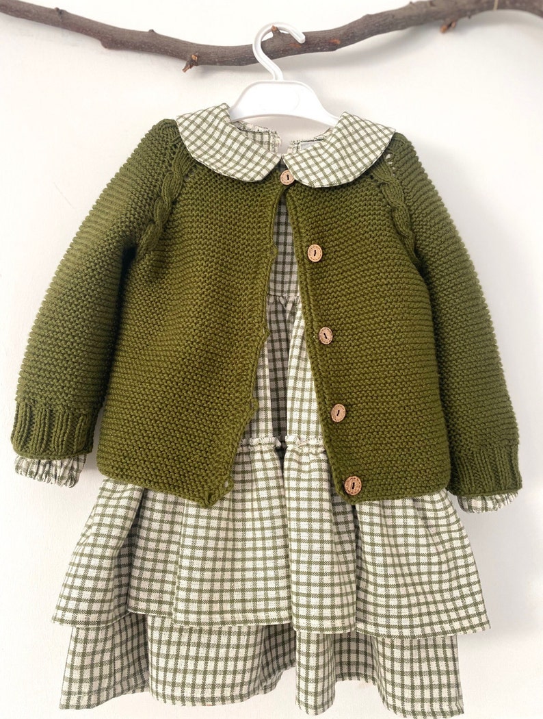 green and white checked dress with cotton jacket, children's dress, dress with collar, hand-knitted cotton jacket, handmadeclothes, image 3