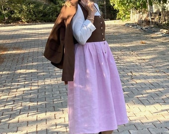 Brown-pink linen dress with linen jacket and white cotton shirt, dirndl, vintage style