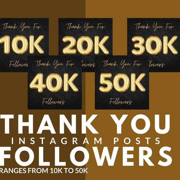 5 Thank You Instagram Posts, 10K - 50K Followers, Ready to Post, Premade Posts, Social Branding, Social Media, Thank You, Black IG Posts