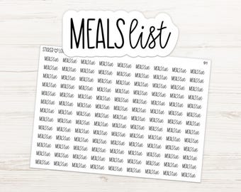 May include: A sheet of white stickers with the text "MEALS list" in a handwritten font. The sheet contains multiple small stickers with the same text, ideal for meal planning and organization.