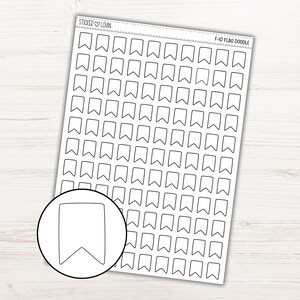 May include: A sheet of white stickers with a repeating flag doodle design. The stickers are outlined in black and the sheet has the text "STICKER LOVIN" and "F-10 FLAG DOODLE". A close-up of a single flag doodle is in a circle.