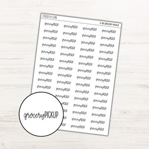 Peut inclure: Une feuille d'autocollants blancs avec l'inscription "grocery PICKUP" en noir, dans une police manuscrite. Les autocollants sont disposés en rangées et en colonnes. Un cercle noir avec le même texte se trouve en bas à gauche. La feuille porte le texte "STICKER LOVIN" et "S-38 GROCERY PICKUP".
