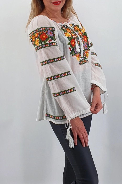 Traditional Romanian Shirt ''IE Ianina 7" / manual sewn embroidery / Free Gift- VosOud Aromatherapy essential oils luxury mix